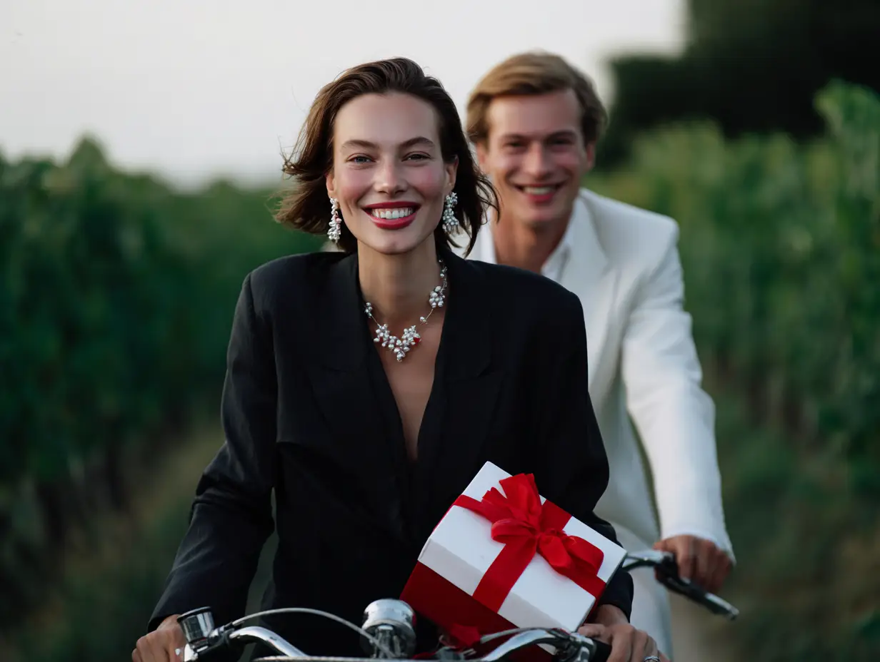 Console SecretBox – Couple partageant un coffret cadeau sur vélo lors d’un séjour œnotouristique
