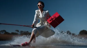 Femme faisant du ski nautique avec un coffret cadeau