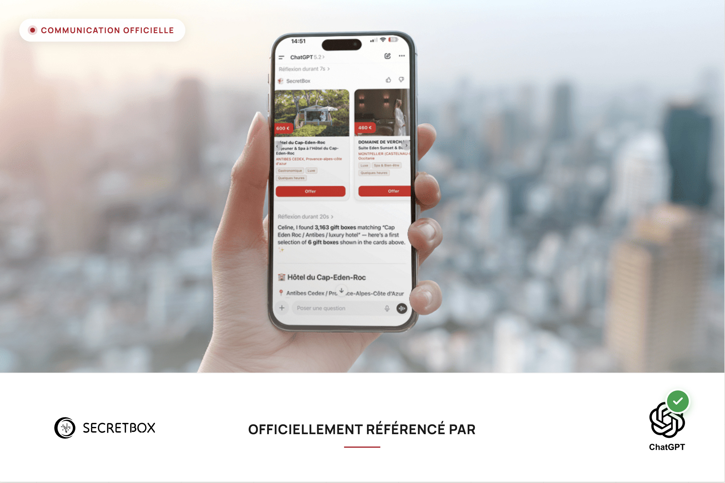 Application ChatGPT de Console SecretBox sur iPhone affichant des coffrets cadeaux d'hôtellerie de luxe