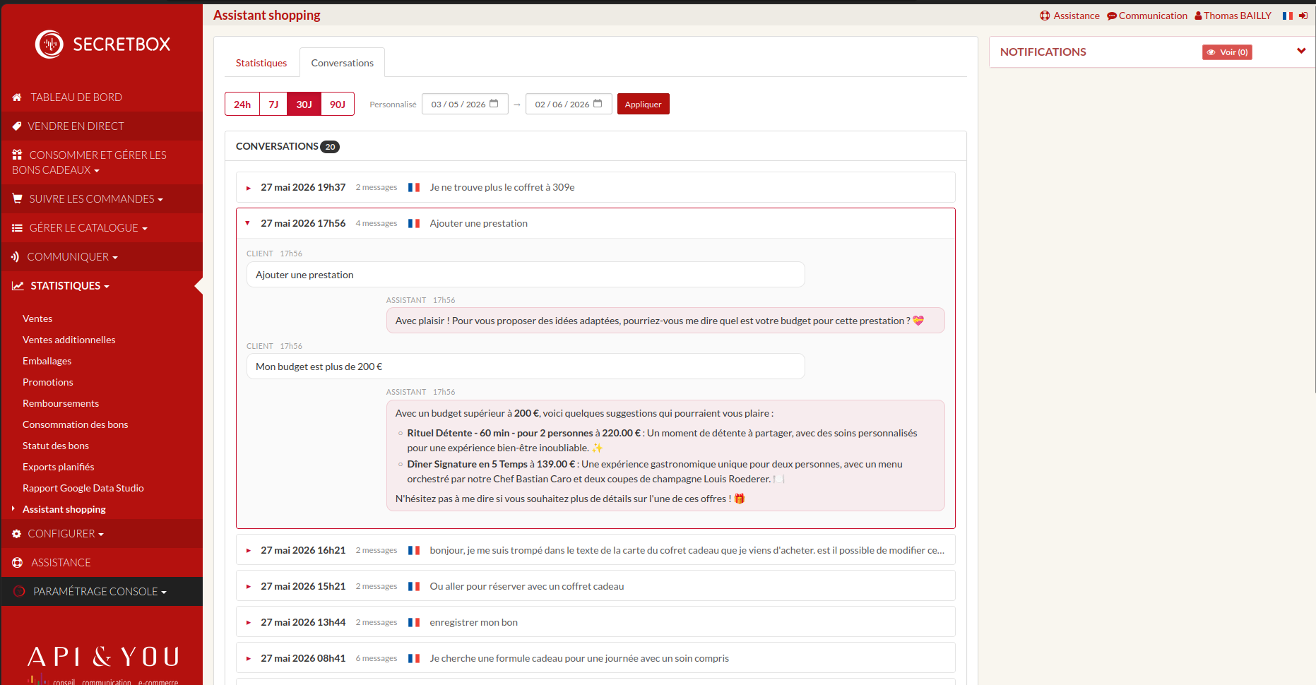Analyse des conversations de l'assistant shopping IA Console SecretBox par thématiques