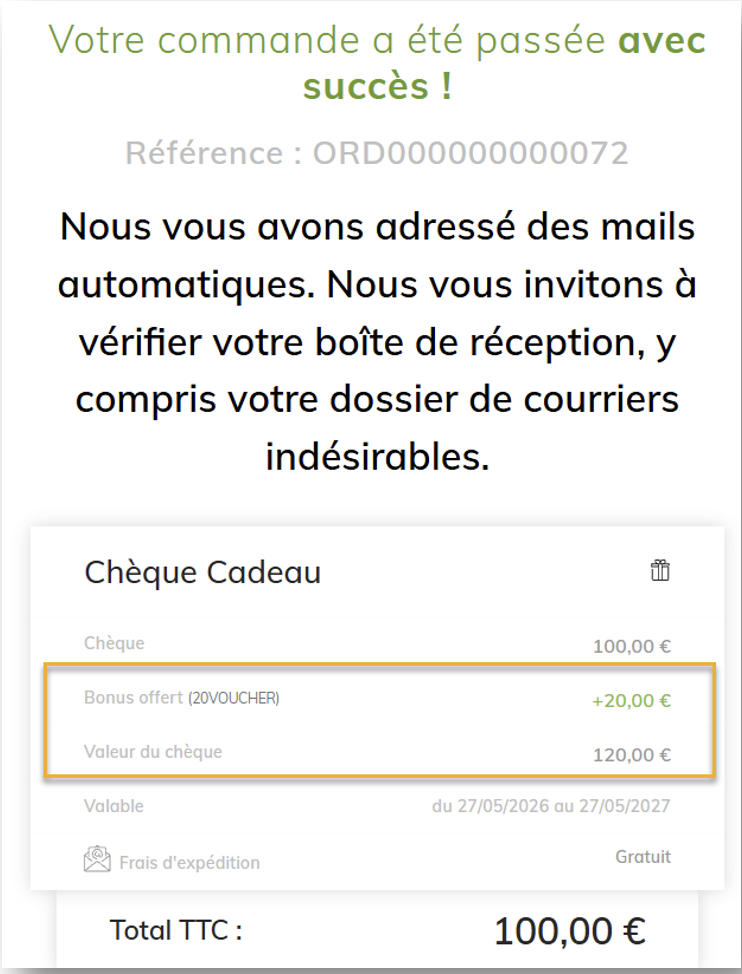 Paramétrage du bonus sur chèque cadeau dans Console SecretBox