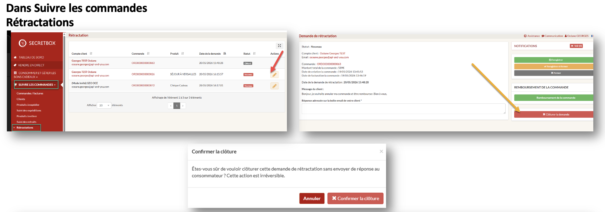 Suivi des rétractations dans le back office Console SecretBox