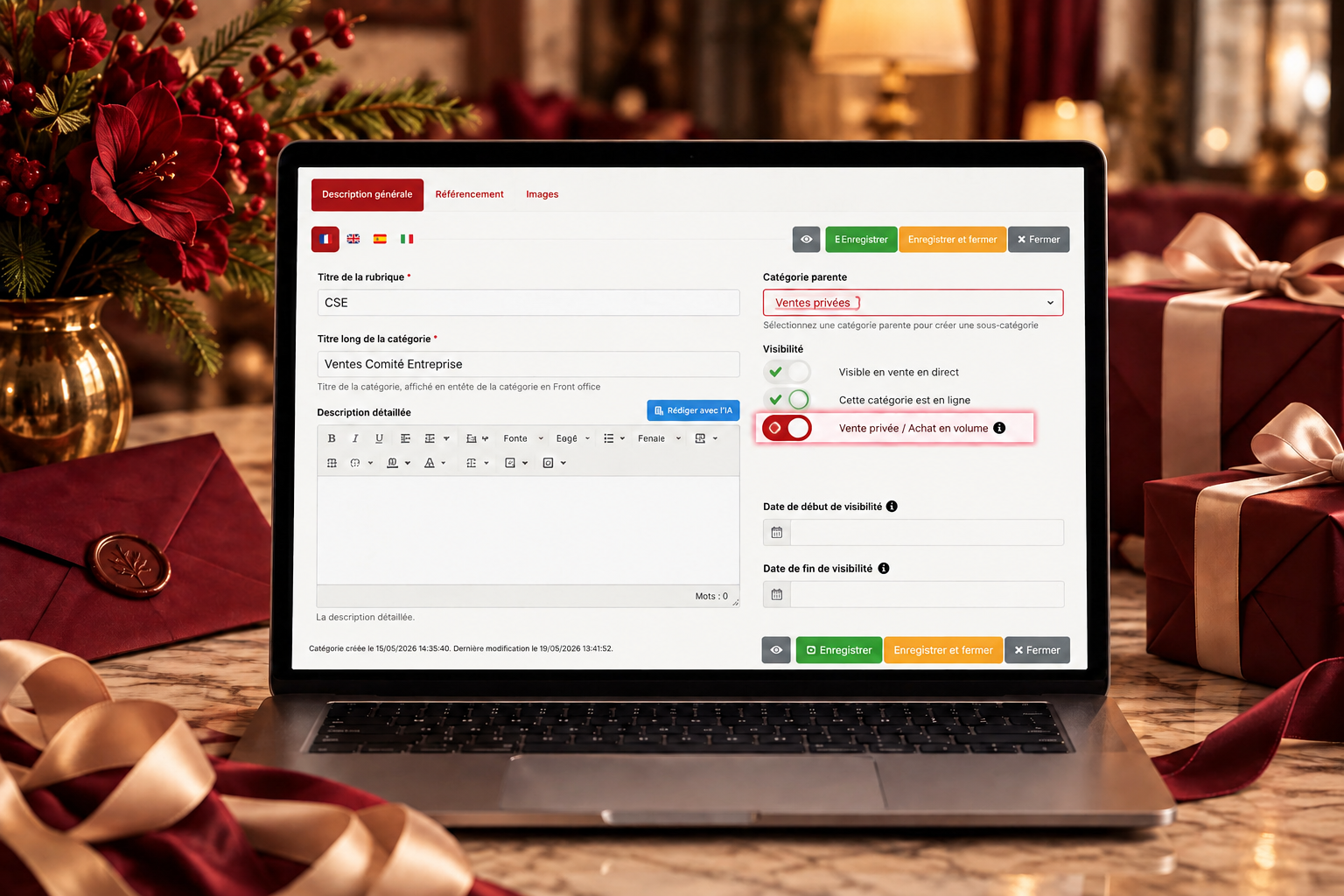 Back-office Console SecretBox : activation de la vente privée et de l'achat en volume pour une catégorie CSE